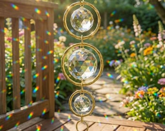 Crystal Suncatcher Window Prism • Rainbow Maker Hanging Sun Catcher • Gold Spiral Hoop Decor • Garden Window Gift for Her Aura Light Catcher