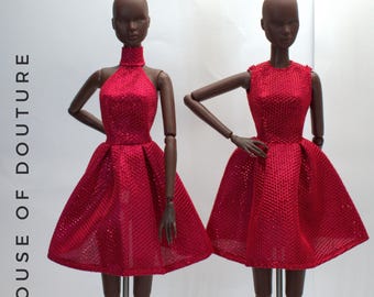 1/6 Fashion Royalty Doll BJD 11-13" Metallic Red Dress Glitter
