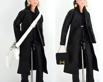 1/6 Fashion Royalty Doll BJD 11-13" Mac Trench Cappotto in similpelle nera