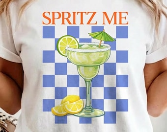 Spritz Me Cocktail Glass T-shirt Retro Margarita Checkerboard Shirt European Summer Cocktail Shirt