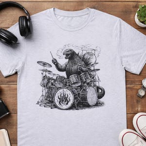 Godzilla Drummer Monster Drum T-Shirt Retro Kaiju Graphic Tee Rock Music Shirt Drum Lover Gift Unisex Cotton Vintage Style