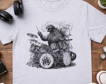 Godzilla Drummer Monster Drum T-Shirt Retro Kaiju Graphic Tee Rock Music Shirt Drum Lover Gift Unisex Cotton Vintage Style