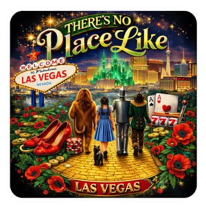 Puede incluir: Imagen cuadrada con el texto "There's No Place Like" sobre un paisaje urbano de Las Vegas. La imagen presenta personajes de El Mago de Oz caminando sobre un camino de ladrillos amarillos, con una máquina tragamonedas y naipes.