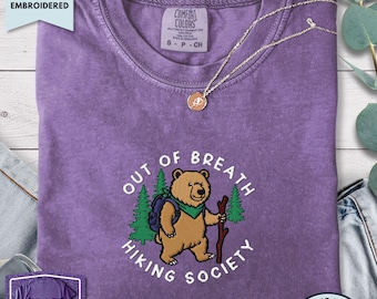 Funny Bear Hiking shirt, embroidered golden bear, out of breath tee, Comfort Colors, hiking club tee