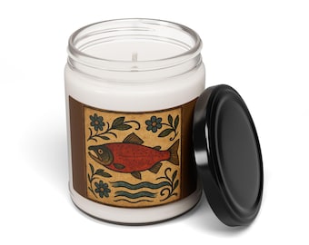 Folk Art Red Coho Salmon Fish Candle 9oz Soy Jar | Nautical Kitchen Decor
