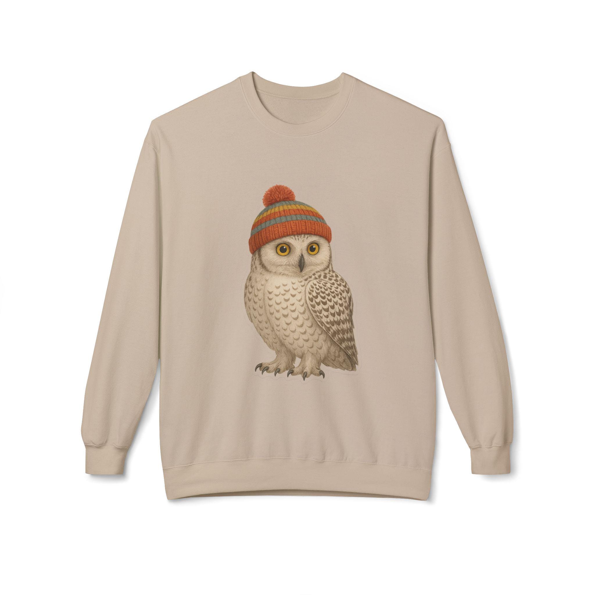 Winter Snowy Owl with Knit Colorful Beanie Sweatshirt | Cozy Woodland Bird