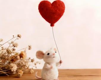 ratón de fieltro regalo san valentín animal de lana con corazón decoración romántica regalo para ella hecho a mano decoración escritorio