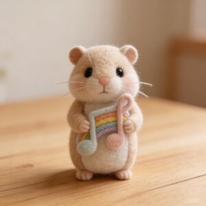 Könnte beinhalten: Eine hellbraune Filz-Hamsterfigur, die eine regenbogenfarbene Musiknote hält. Der Hamster hat schwarze Augen, rosa Wangen und eine rosa Nase. Die Musiknote ist in Pastellfarben gehalten. Die Figur steht auf einer Holzoberfläche.
