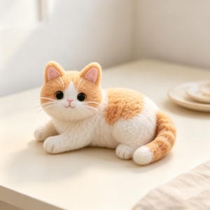 Può includere: Una statuetta di gatto in lana infeltrita con un mantello bianco e arancione. Il gatto ha grandi occhi neri, un piccolo naso rosa e un muso bianco. È raffigurato in posizione di riposo con la coda arricciata sul fianco, mostrando un aspetto in lana morbida e testurizzata con orecchie e baffi dettagliati.