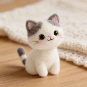 Op de afbeelding: Een handgemaakt wit kattenbeeldje met grijze markeringen op de oren en staart. De kat heeft grote, expressieve ogen, een roze neus en delicate snorharen. Het beeldje is gemaakt van zacht, getextureerd materiaal, waardoor het een charmante, grillige uitstraling heeft.
