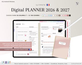 French digital planner 2026-2027 • GoodNotes Hyperlinked Digital Planner • Dated French Digital Calendar for iPad/Tablet