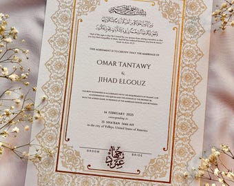 Elegancki, ręcznie malowany certyfikat Nikah w formacie A3: spersonalizowana umowa ślubu islamskiego