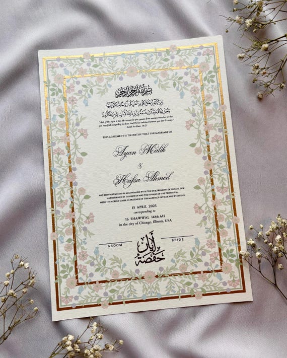 Dreamy Pastel Handpainted Nikah Certificate: A4/A3 Personalised Islamic Wedding Contract - Gold leaf Custom Couple Name Logo