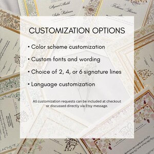 May include: Elegant wedding invitations with gold accents and floral designs. The image showcases customization options, including color schemes, fonts, wording, signature lines, and language choices. The invitations feature names and dates.