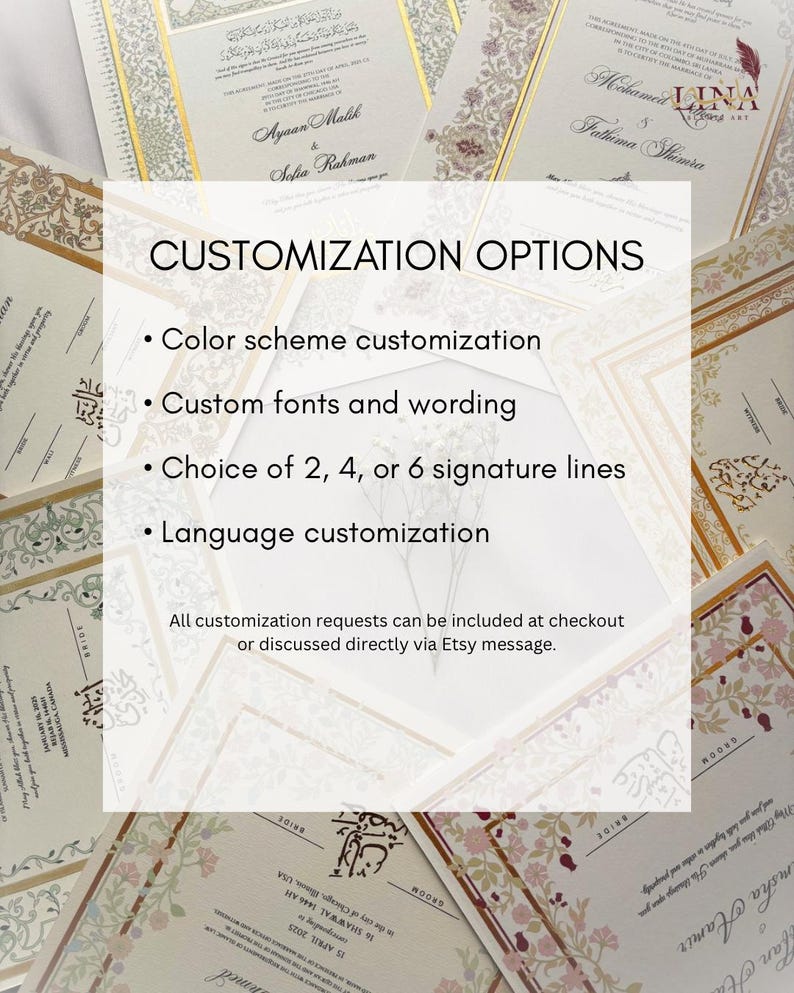 May include: Elegant wedding invitations with gold accents and floral designs. The image showcases customization options, including color schemes, fonts, wording, signature lines, and language choices. The invitations feature names and dates.