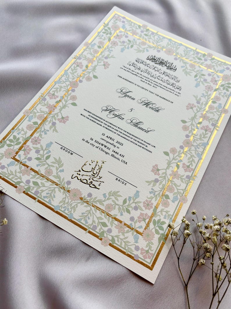 May include: A wedding certificate with floral and gold accents. The document features the names Ayan Malik and Hafsa Ahmed, along with the date April 15, 2025, and the city of Chicago, Illinois, USA. The text is in English and Arabic.