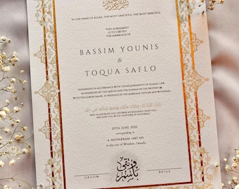 Elegante certificato di matrimonio dipinto a mano in oro: Nikahnama islamico personalizzato in formato A3
