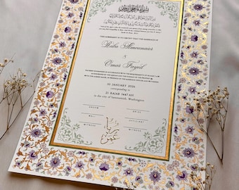 Certificato Nikah di lusso dipinto a mano: contratto di matrimonio islamico A3 personalizzabile, Nikah Nama