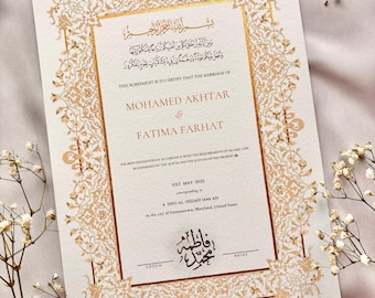 Certificato Nikah di lusso dipinto a mano in oro: contratto di matrimonio islamico personalizzato A3