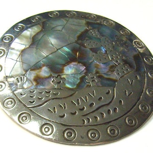 ヴィンテージ オールド メキシコ ブローチ/ペンダント...サイン入り BROCHE アルパカ...象嵌アワビ ブローチ/ペンダント