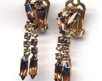 Vintage Dangle Clip-On Rhinestone Aurora Borealis Earrings c1950s