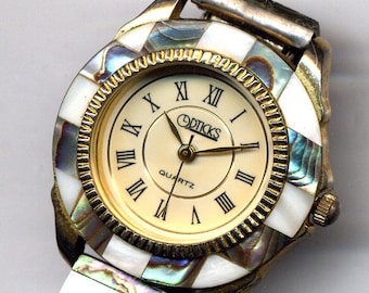 Women's Opticks Quartz Watch featuring Abalone Shell Checkerboard Bezel and Band