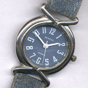Vintage Geneva Watch Women Blue Denim Strap Japan Movement c1980s