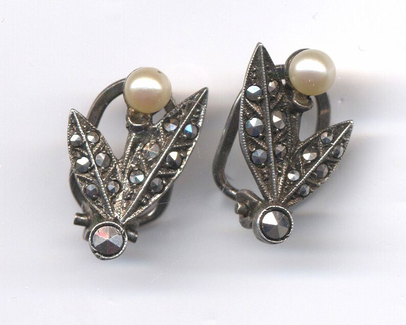Vintage Sterling Silver Marcasite & Pearl Clipon Earrings Etsy 日本