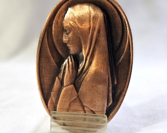 Kleine ovale biddende maagd koperen medaille met standaard