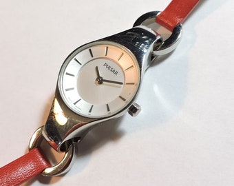 Pulsar 1N00-X157 Quartz Analog Ladies Watch Red Leather Strap