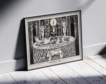 Occult Ritual Table Poster Vintage Woodcut Style Witchcraft Illustration Dark Academia Wall Art
