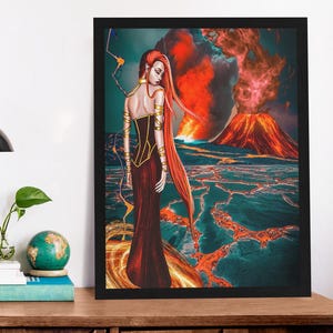 火の女神のアートプリント、火山風景イラスト、4x6インチと8x10インチのアーティストプリント