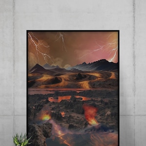 May include: A framed landscape art print depicting a fiery, volcanic scene with a dark, rocky foreground and a distant mountain range under a stormy sky. Lightning bolts streak across the orange and brown sky, adding drama to the artwork.