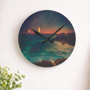 Lighthouse at Dusk Acrylic Wall Clock | Coastal Ocean Waves Nighttime Scene