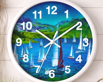 Sailboat Regatta Wall Clock | Nautical Seascape, Blue Harbor Timepiece