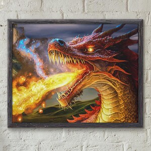 Burg Feuerdrache Kunstdruck, Fantasy Kreatur Attack, epische Flammen Schlacht Wand-Dekor