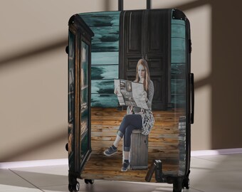 Mujer leyendo el periódico en una maleta / Ilustración de cabina vintage, equipaje con ruedas