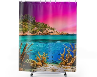 Cortina de ducha con paisaje oceánico tropical / Arrecife de coral, agua turquesa, cielo rosa