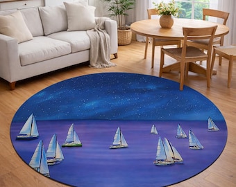Alfombra redonda con veleros al atardecer / Decoración costera con cielo nocturno náutico