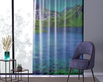 Northern Lights Mountain Lake Window Curtain | Scenic Nature Panel