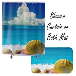 Seashell Beach Scene Shower Curtain or Bath Mat | Ocean Waves, Shells Coastal Décor