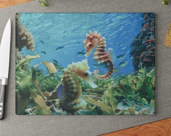 Seahorse Underwater Scene Glass Cutting Board | Ocean Sea Life Kitchen Decor