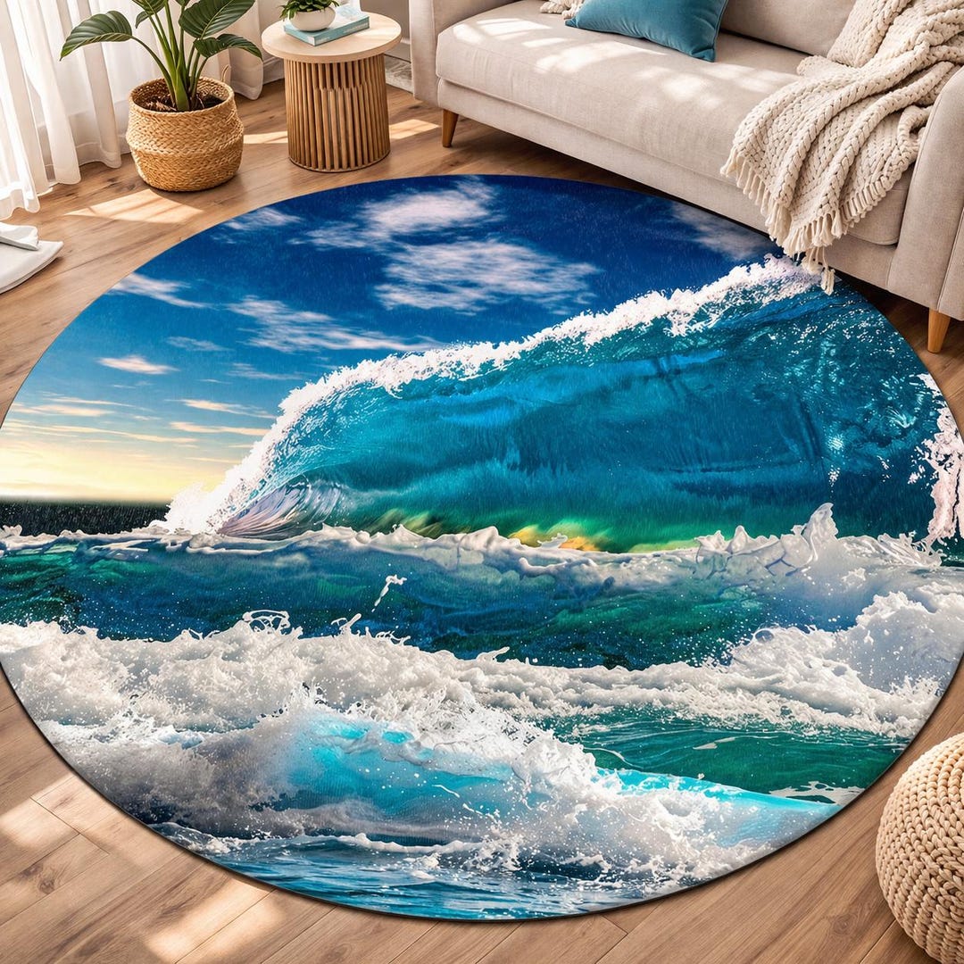 Wave Rugs Ocean Wave Round Rug | Coastal Beach Teal Seafoam Artwork - Etsy