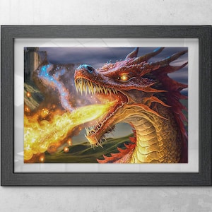 Fire Dragon Attack digitaler Download, epische Fantasy-Kreatur druckbare Flamme Kampf Wandkunst