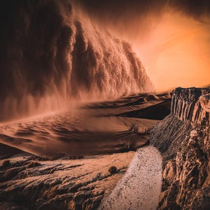 May include: A massive, towering dust storm sweeps across a vast desert landscape. The scene features dark, swirling clouds of sand rising above golden dunes, contrasted by rugged, rocky terrain in the foreground with textured stone formations.