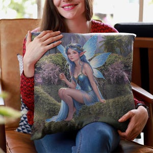Blue Fairy Pillow | Fantasy Elf Artwork, Square Throw Pillow