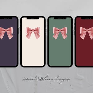 May include: Four smartphones displaying digital bow designs. Each phone has a different background color: dark purple, cream, sage green, and burgundy. The bows are a soft pink color. The text "WanderBloom Designs" is at the bottom.
