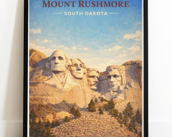 Impresión del Monte Rushmore / Póster de viaje vintage, paisaje americano