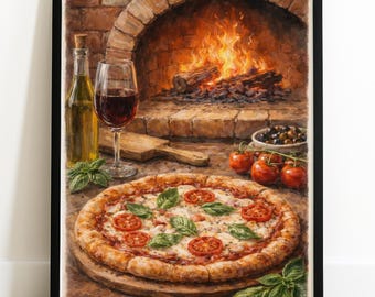 Wood-Fired Pizza Wall Art - Vintage Italian Pizza Oven Illustration, Rustic Kitchen Decor Print