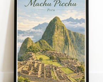 Póster de viaje a Machu Picchu - Arte mural vintage con paisaje montañoso de Perú